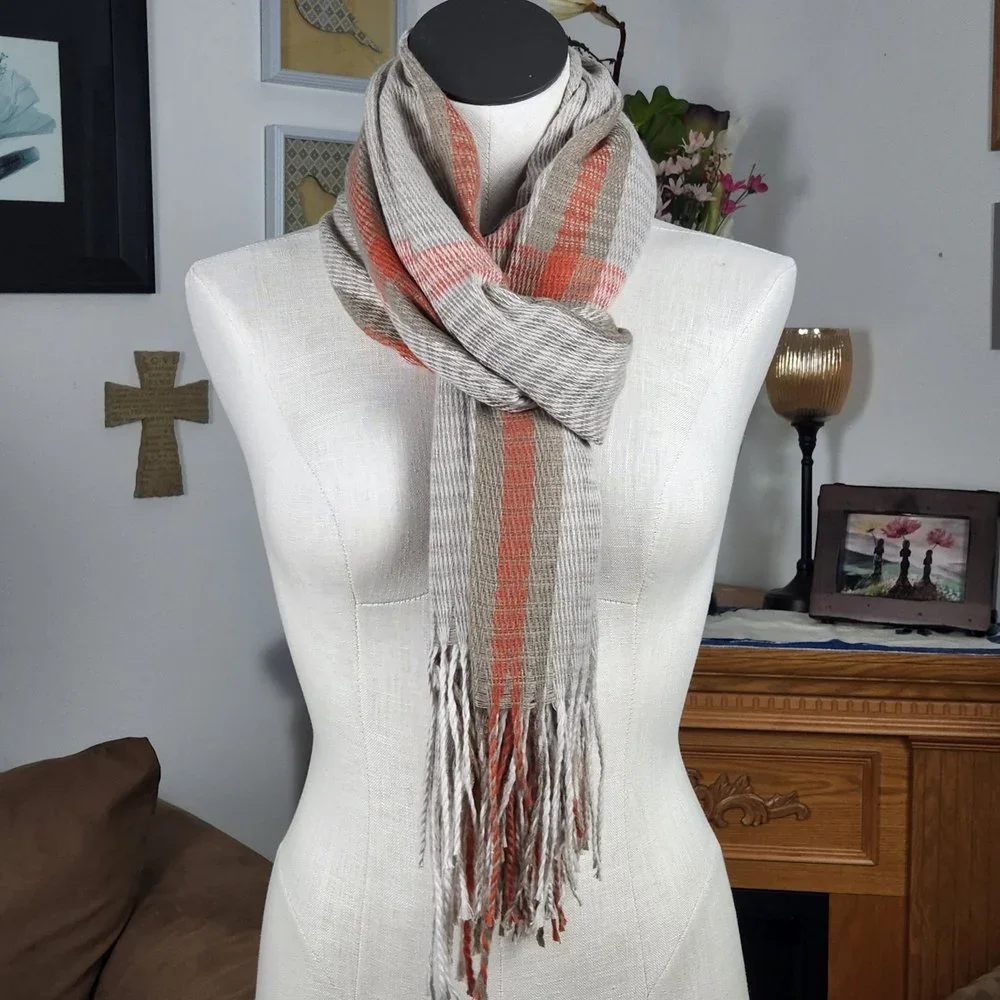 Lifestyle Orange & Beige Soft Plaid Rectangular Fringed Scarf